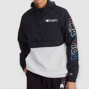 Champion Windbreaker Mens Large Black White Anorak Quarter Zip Hooded Pullover